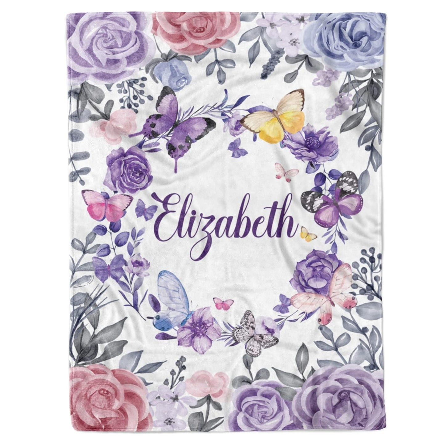 Personalized baby blanket with name Elizabeth, purple butterfly and floral design for baby girl