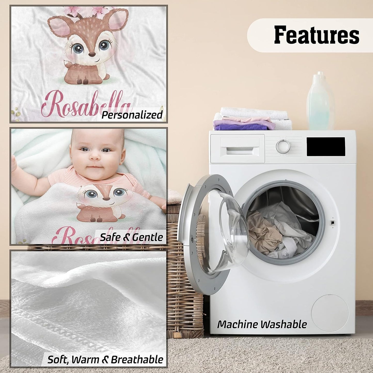 Features of personalized baby blanket for girls including softness, breathable fabric and machine washable design