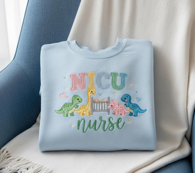 NICU Nurse Embroidered Sweatshirt Cute Dinosaur Crib Design Neonatal Nurse Appreciation Gift