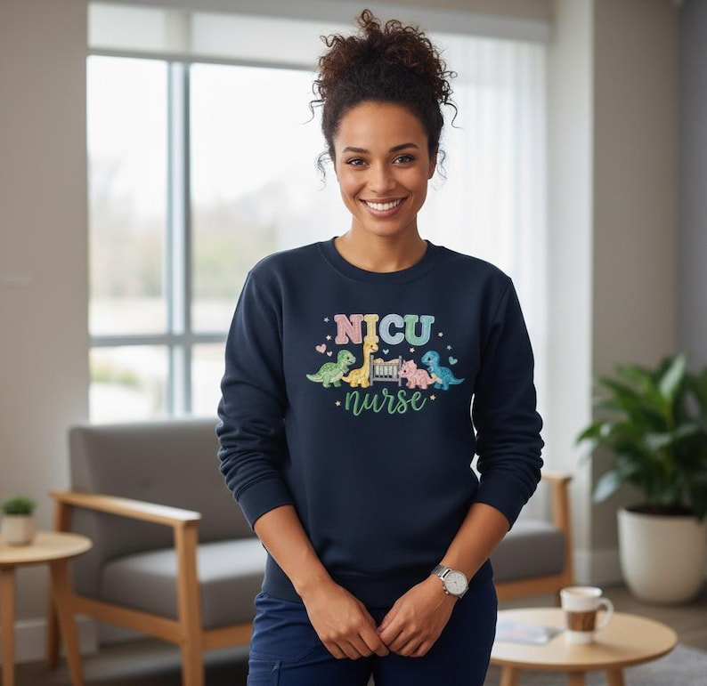 NICU Nurse Embroidered Sweatshirt Cute Dinosaur Crib Design Neonatal Nurse Appreciation Gift