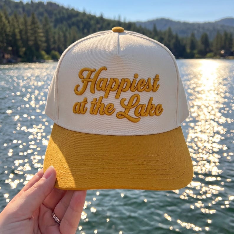 Happiest At The Lake Embroidered Hat: Summer Vacation Baseball Cap, Boating Life