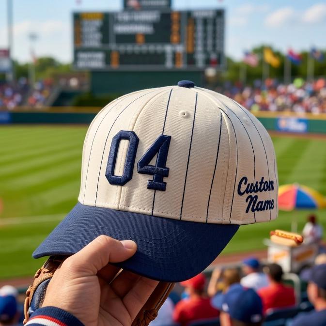 Personalized cream pinstripe baseball cap with navy visor, raised 04 number, and Custom Name detail at a baseball stadium