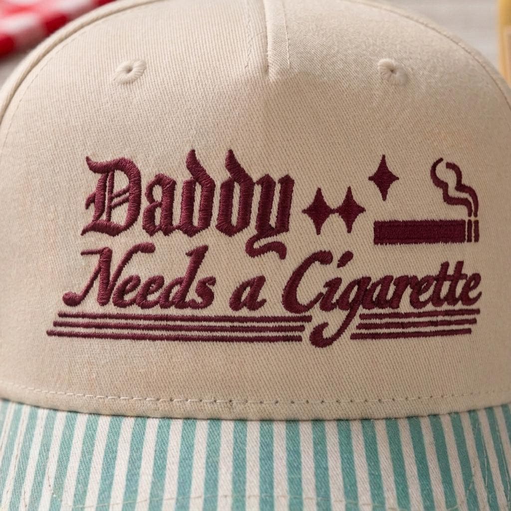 Close-up of Daddy Needs a Cigarette embroidery with stars and cigarette graphic