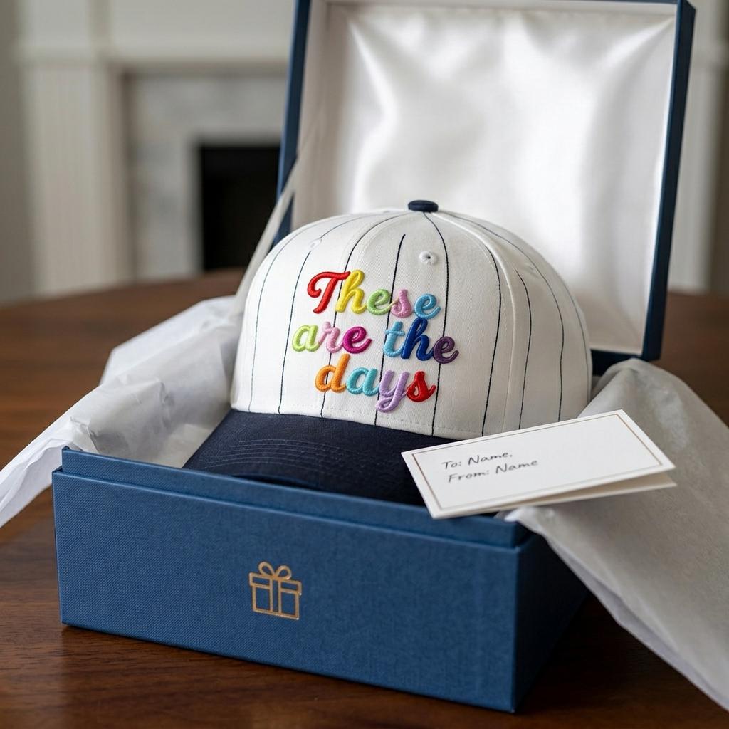 Embroidered pinstripe baseball hat presented in a blue gift box