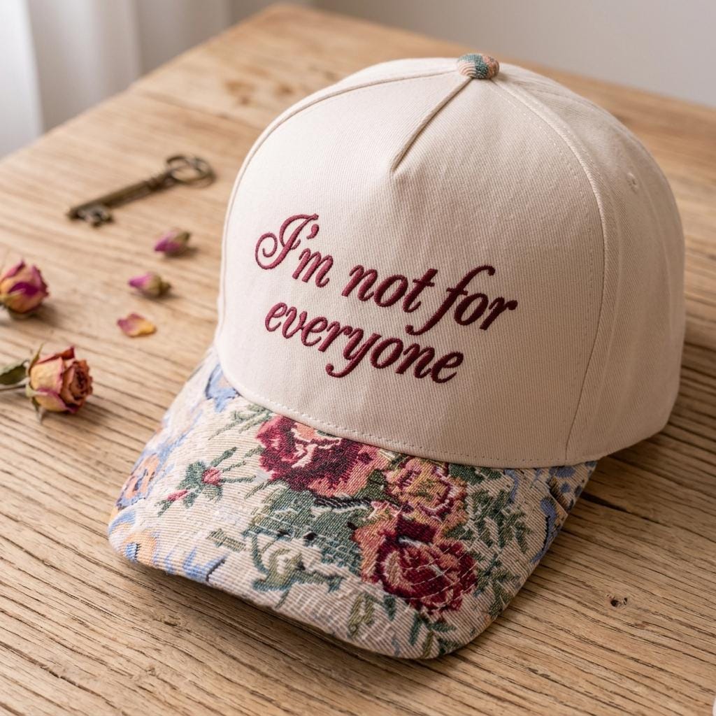 Angled view of embroidered “I’m not for everyone” hat on a wooden table