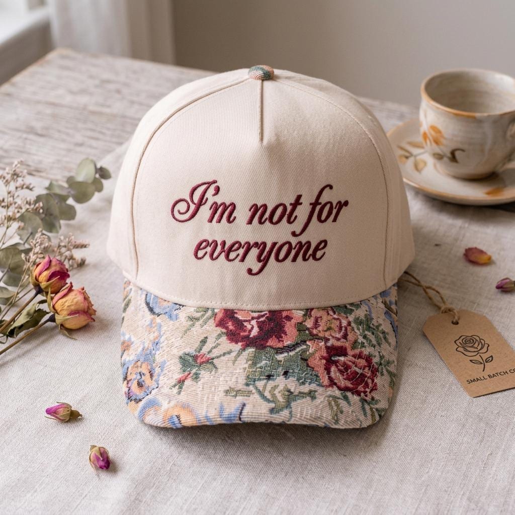 Cream embroidered hat with burgundy “I’m not for everyone” lettering and floral-patterned brim