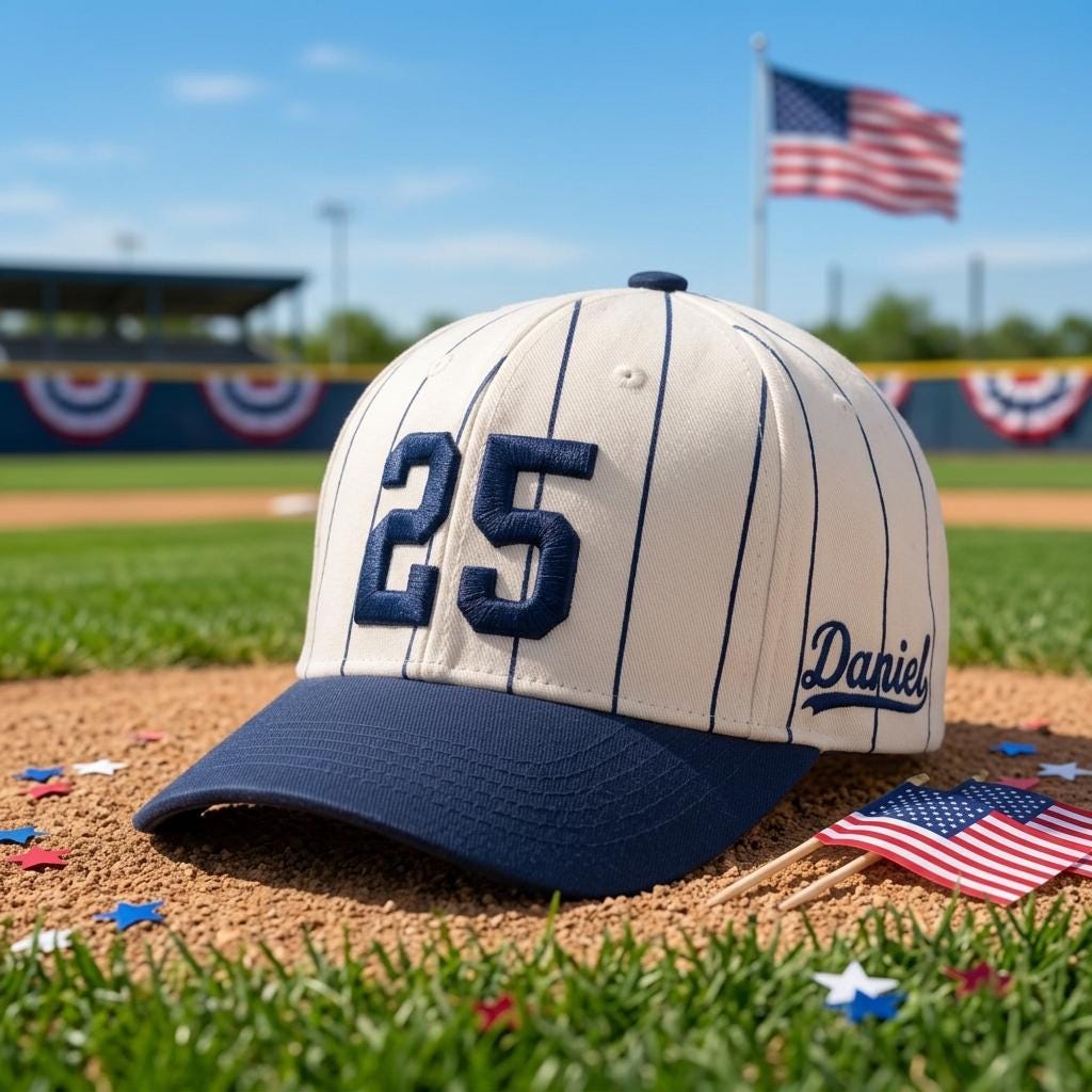 Pinstripe baseball hat with number 25 shown at a baseball field
