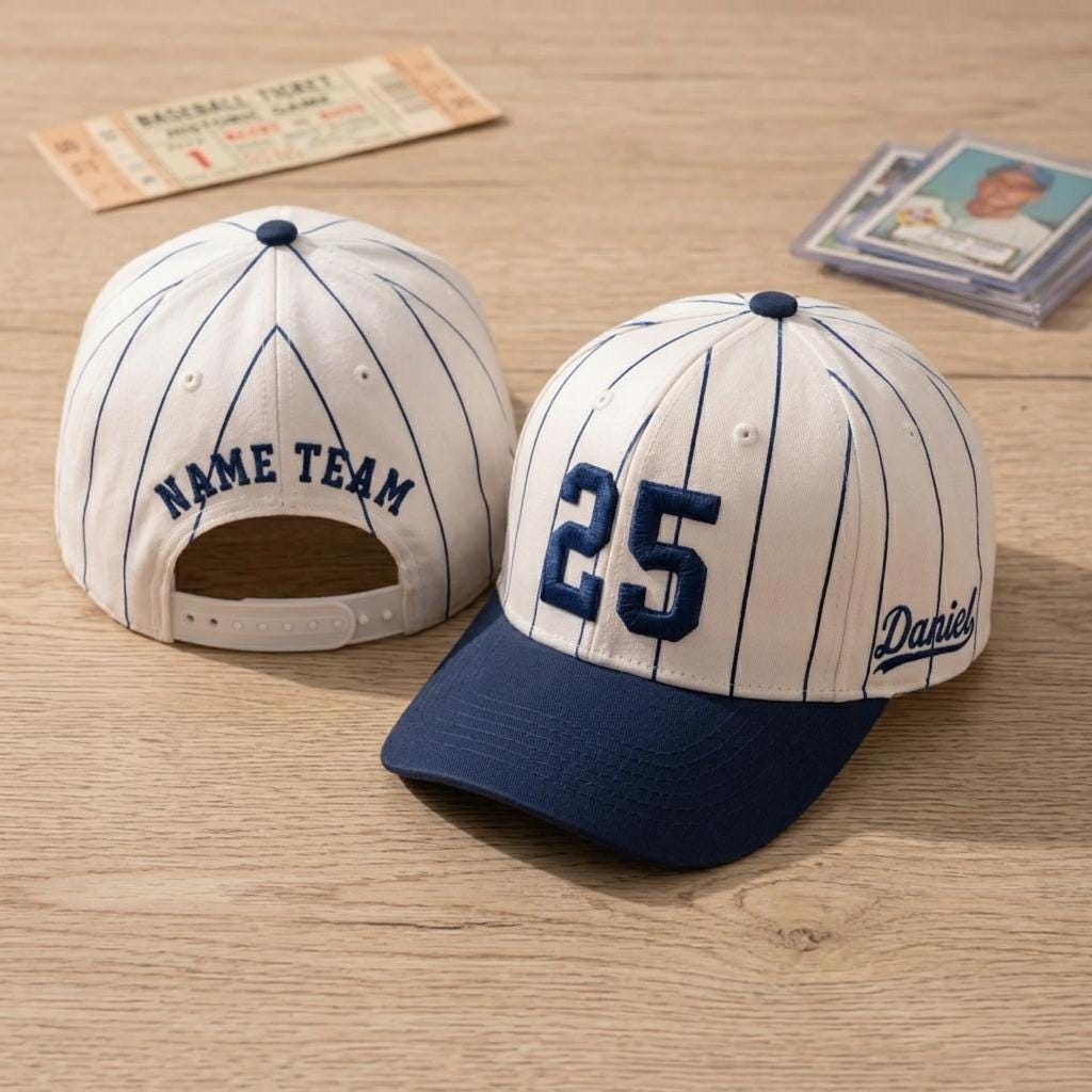 Front and back views of a pinstripe baseball hat with number 25 and name team detail