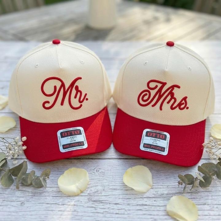 Red and cream Mr. and Mrs. embroidered trucker hats