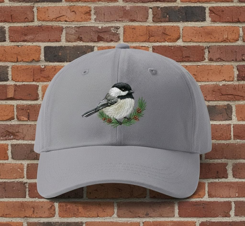 Gray cotton baseball cap with embroidered bird design and green foliage on brick background