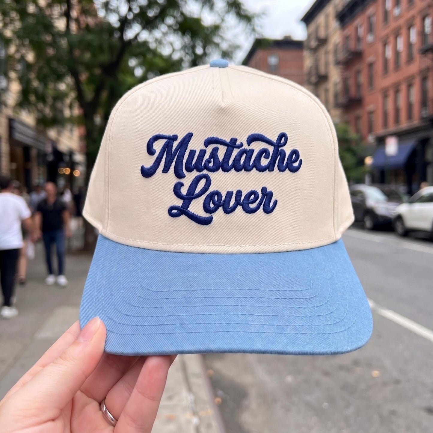 Stylish Mustache Lover Cap - Beige & Blue Embroidered Hat - Image 2