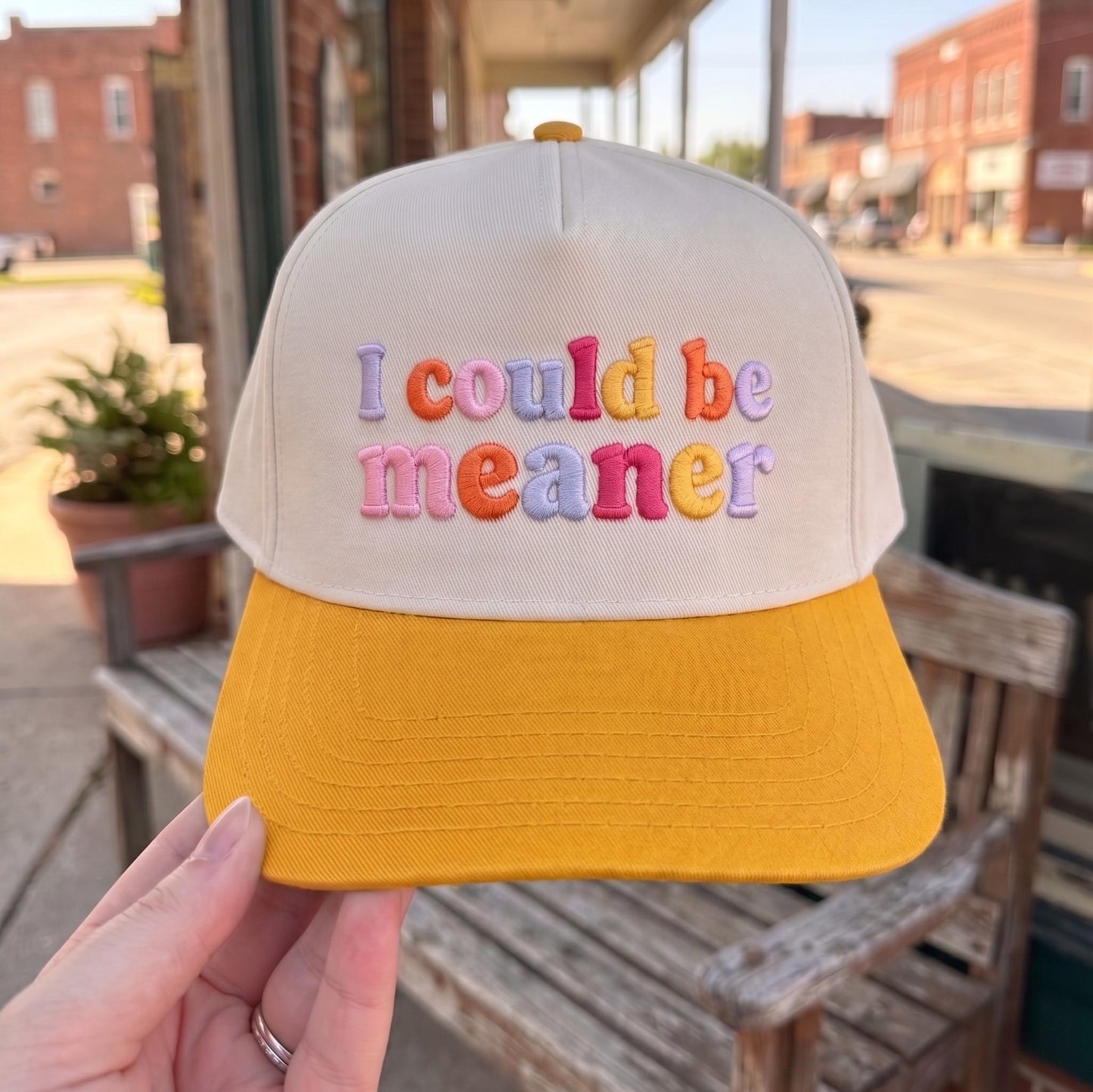 Embroidered Cap with Colorful 'I Could Be Meaner' Statement - Cotton Blend, Adjustable Fit - Image 2