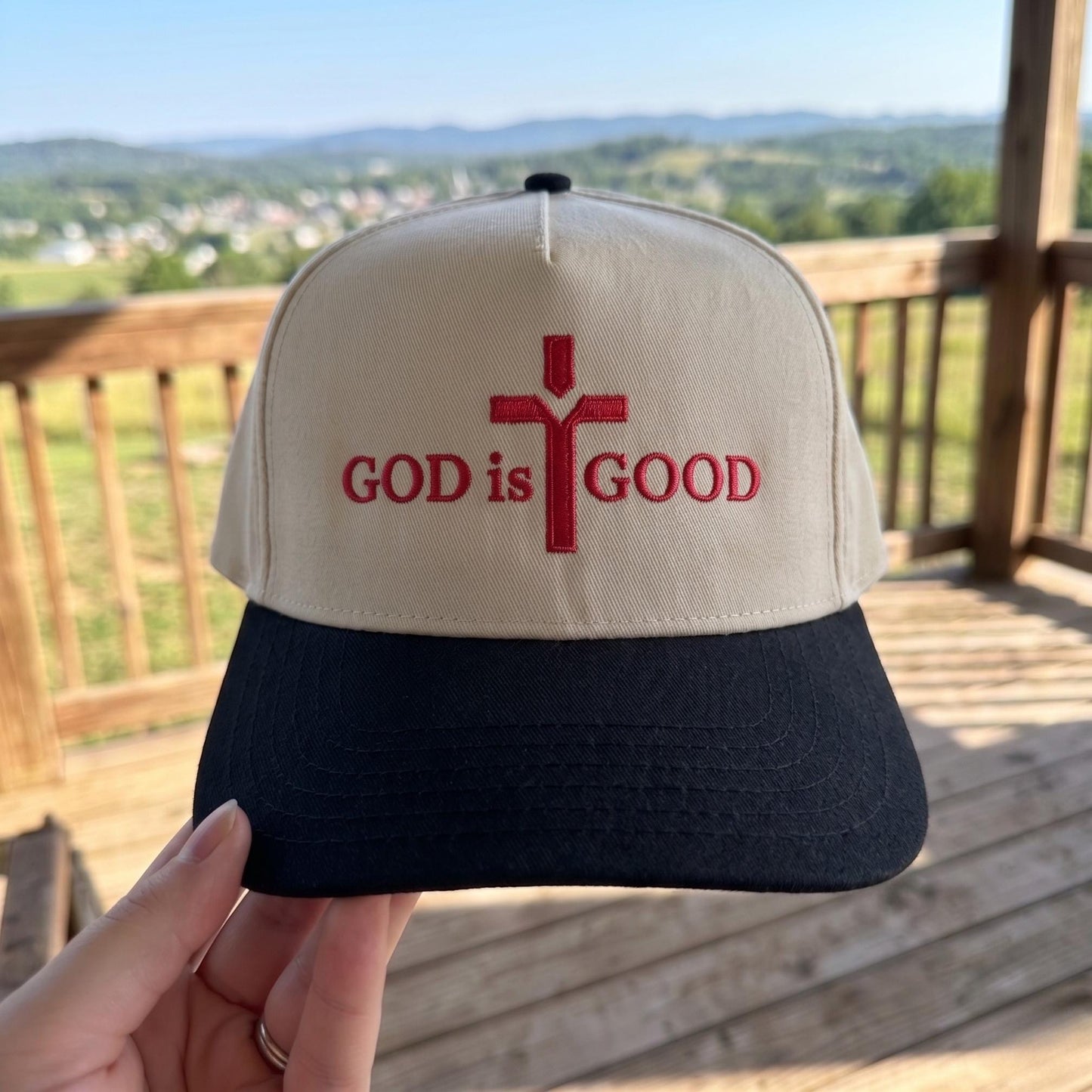 Inspirational Trucker Hat with Embroidered Cross - 'God is Good' Design - Image 2