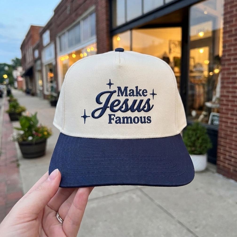 Inspirational 'Make Jesus Famous' Embroidered Cap - Beige & Black Trucker Hat - Image 3