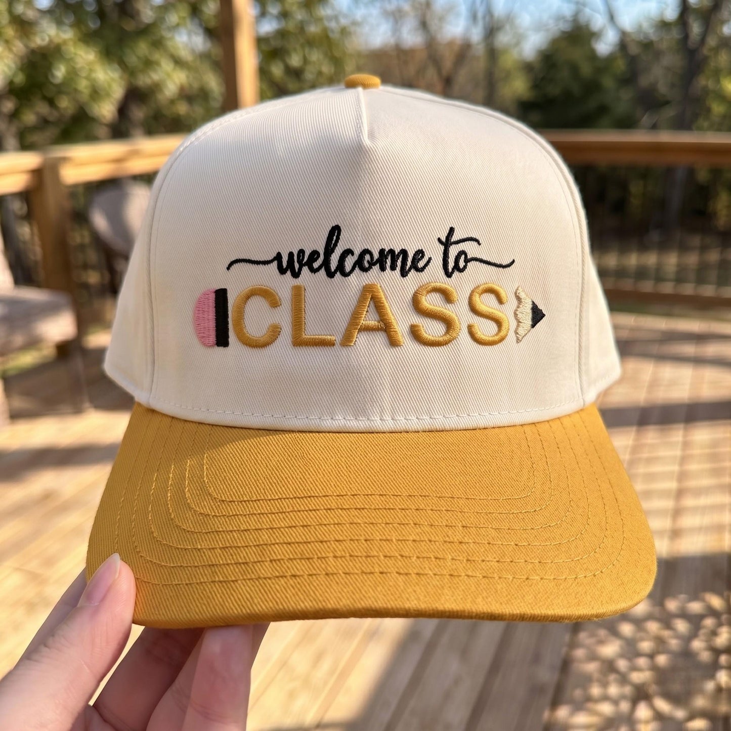 Welcome to Class Embroidered Baseball Cap with Pencil Design - Navy and White - Image 3