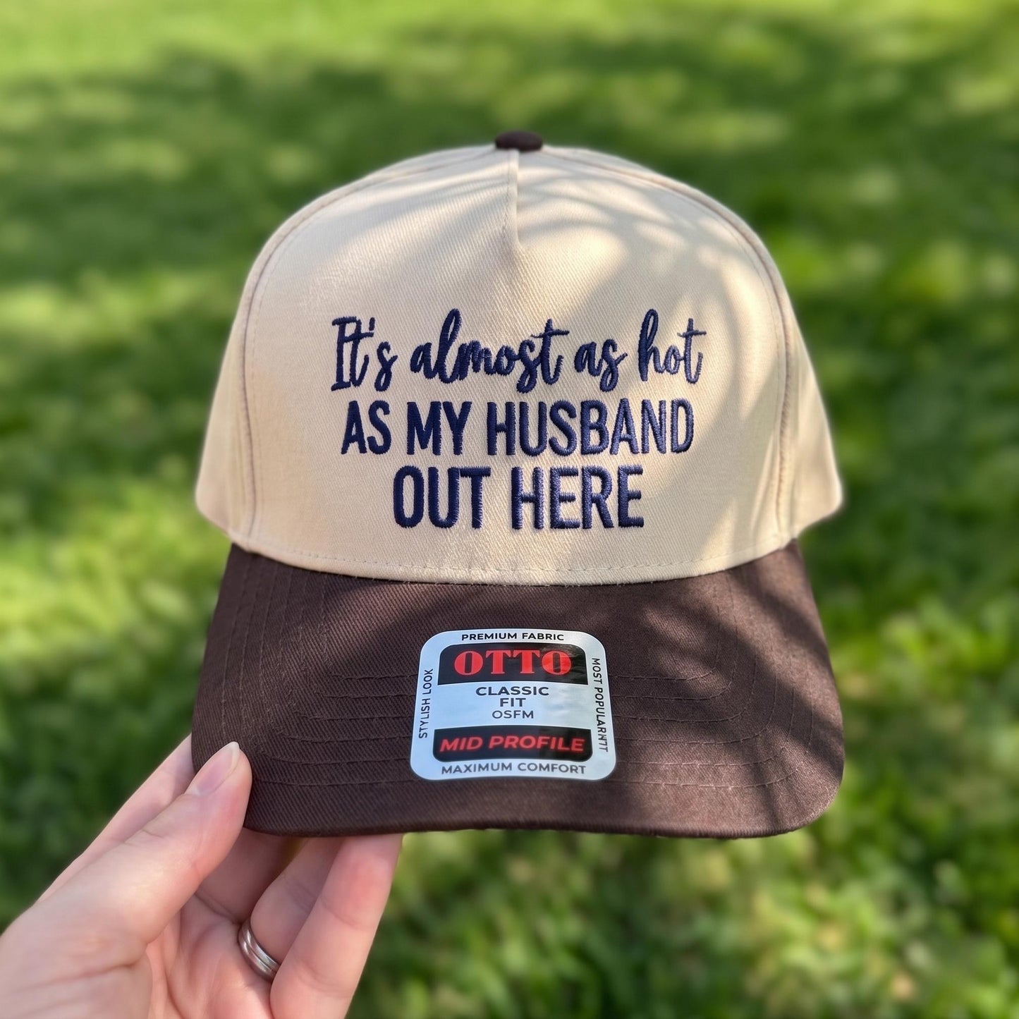 Funny Summer Baseball Cap - 'Almost as Hot as My Husband' - Tan/Navy - Image 3