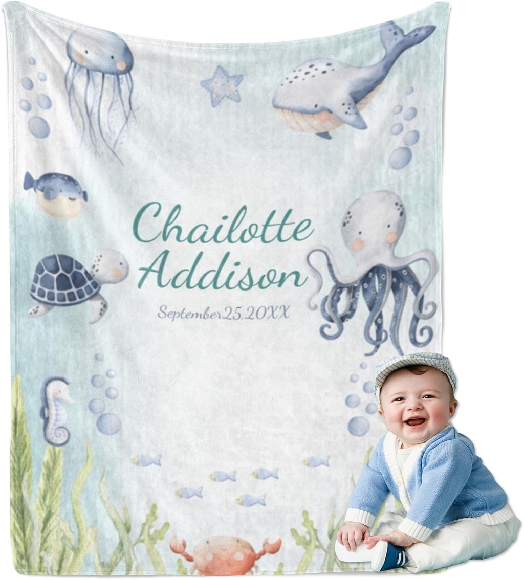 Personalized Baby Blanket with Name for Girls, Custom Blue Ocean Baby Blanket - personalized soft baby blanket