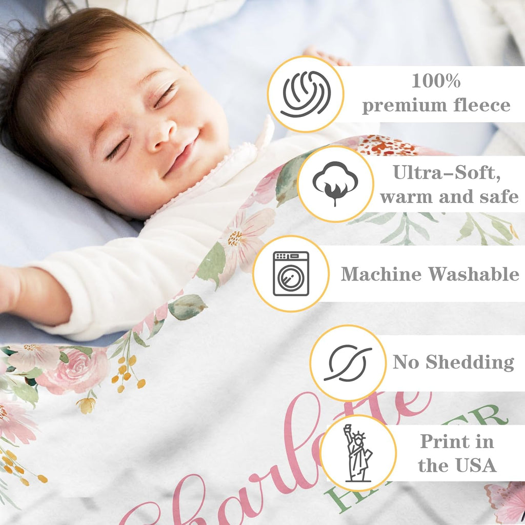 Personalized Baby Blankets for Girls | Custom Baby Blanket with Name for Kids | Pink Floral