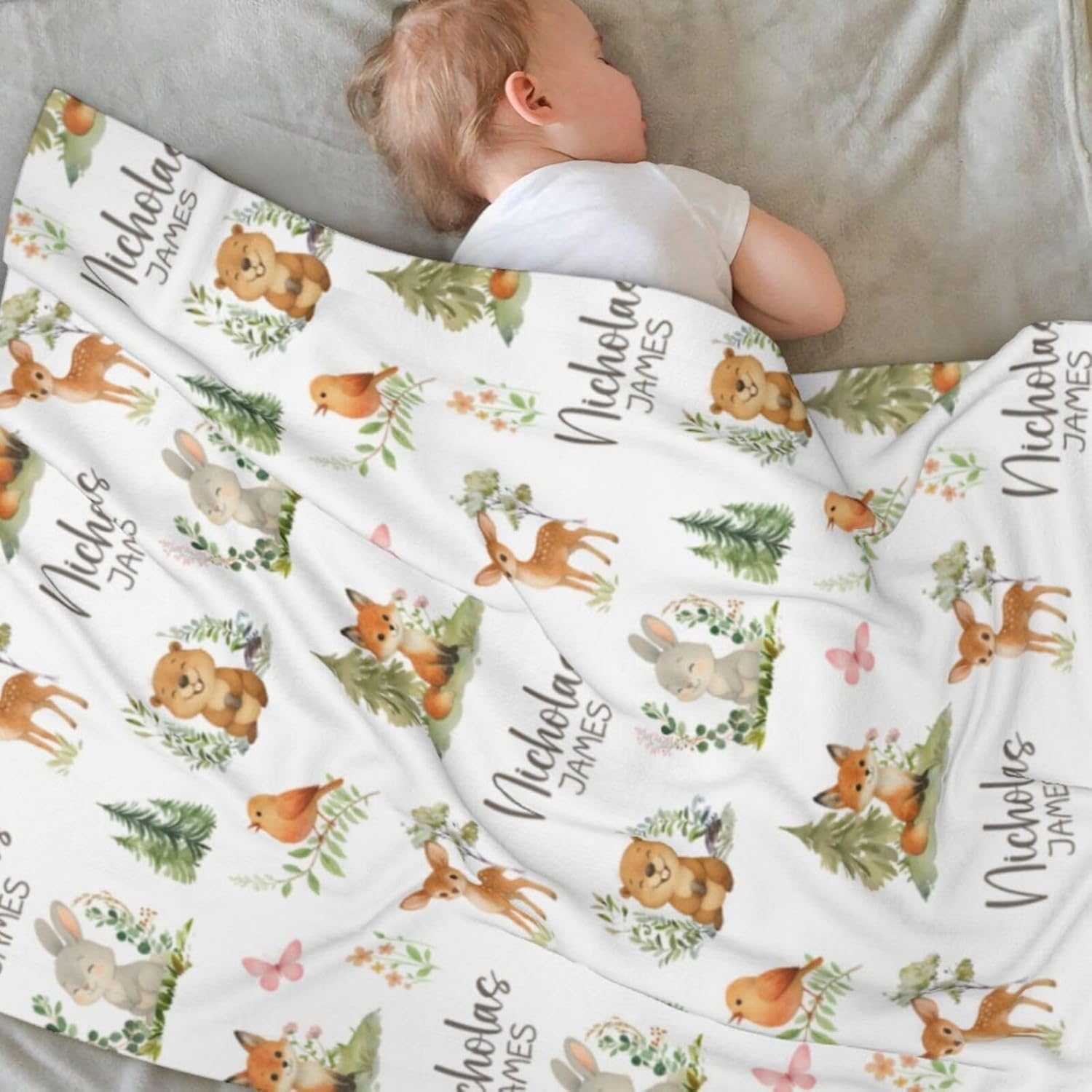 Personalized Baby Blankets for Girls | Custom Baby Blanket with Name for Kids | Woodland Animals-g
