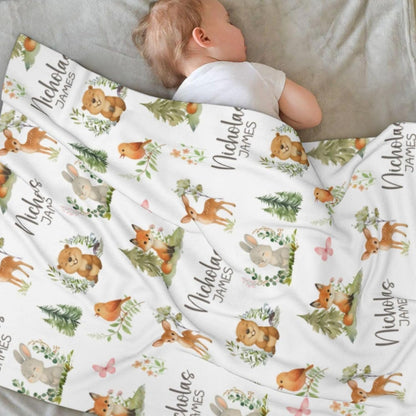 Personalized Baby Blankets for Girls | Custom Baby Blanket with Name for Kids | Woodland Animals-g