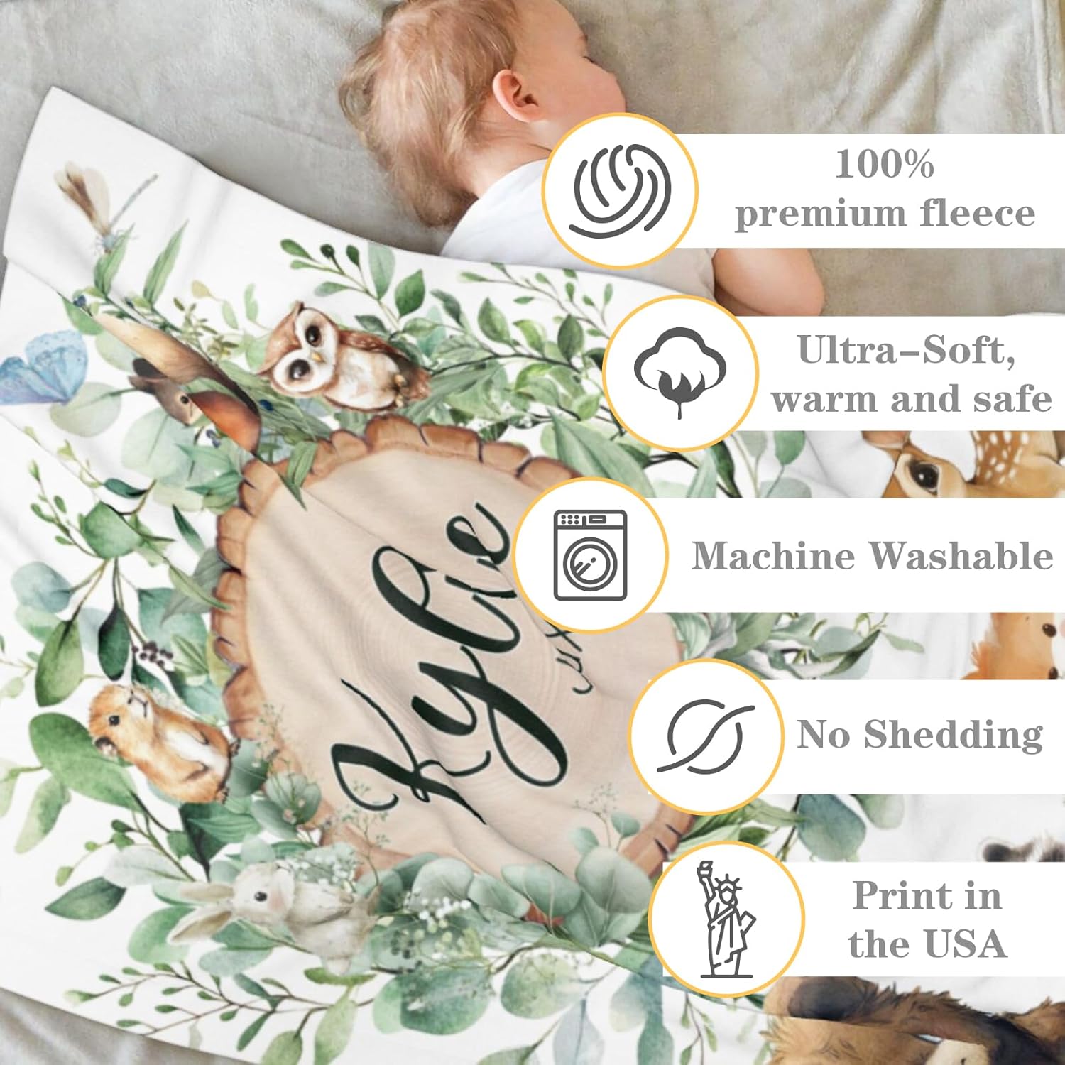 Personalized Baby Blankets for Girls | Custom Baby Blanket with Name for Kids | Woodland Animals-d