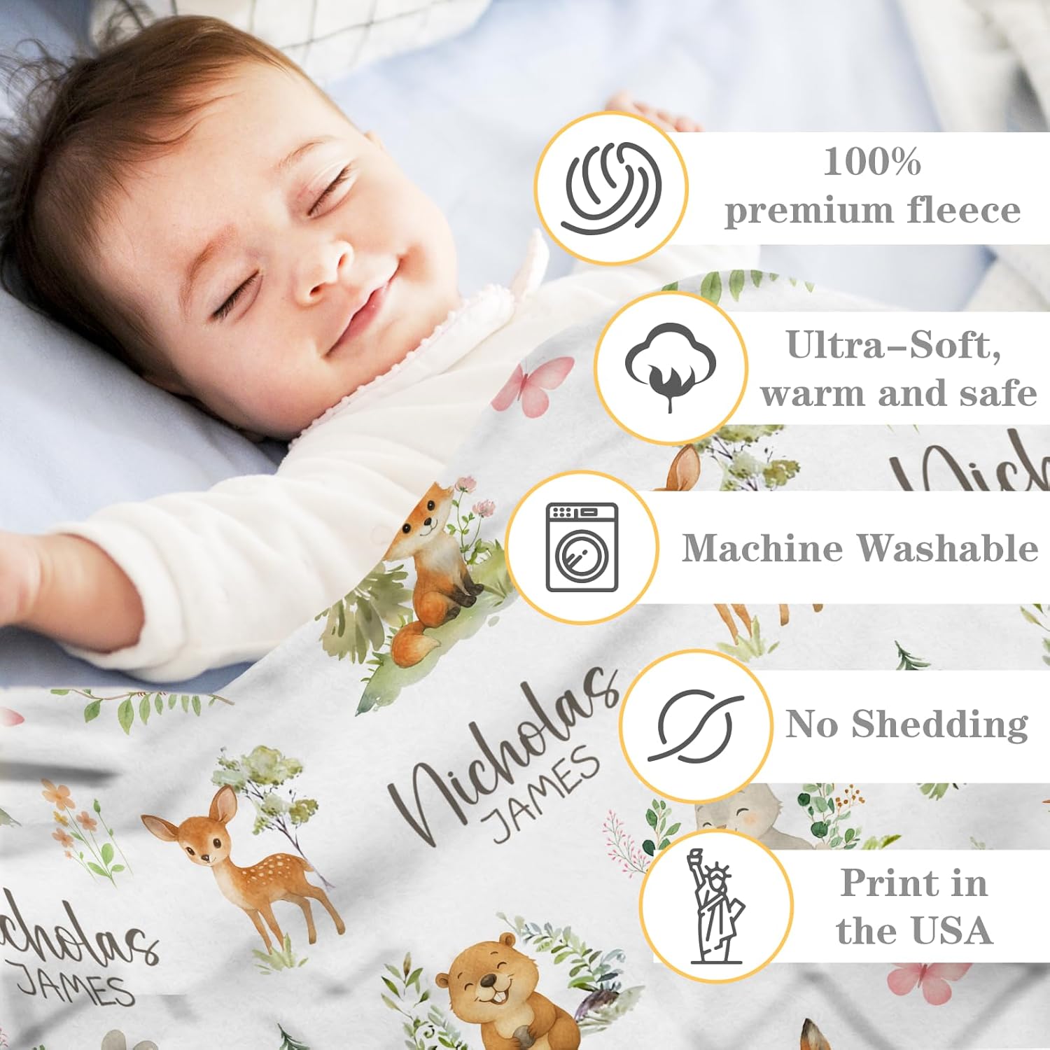 Personalized Baby Blankets for Girls | Custom Baby Blanket with Name for Kids | Woodland Animals-g