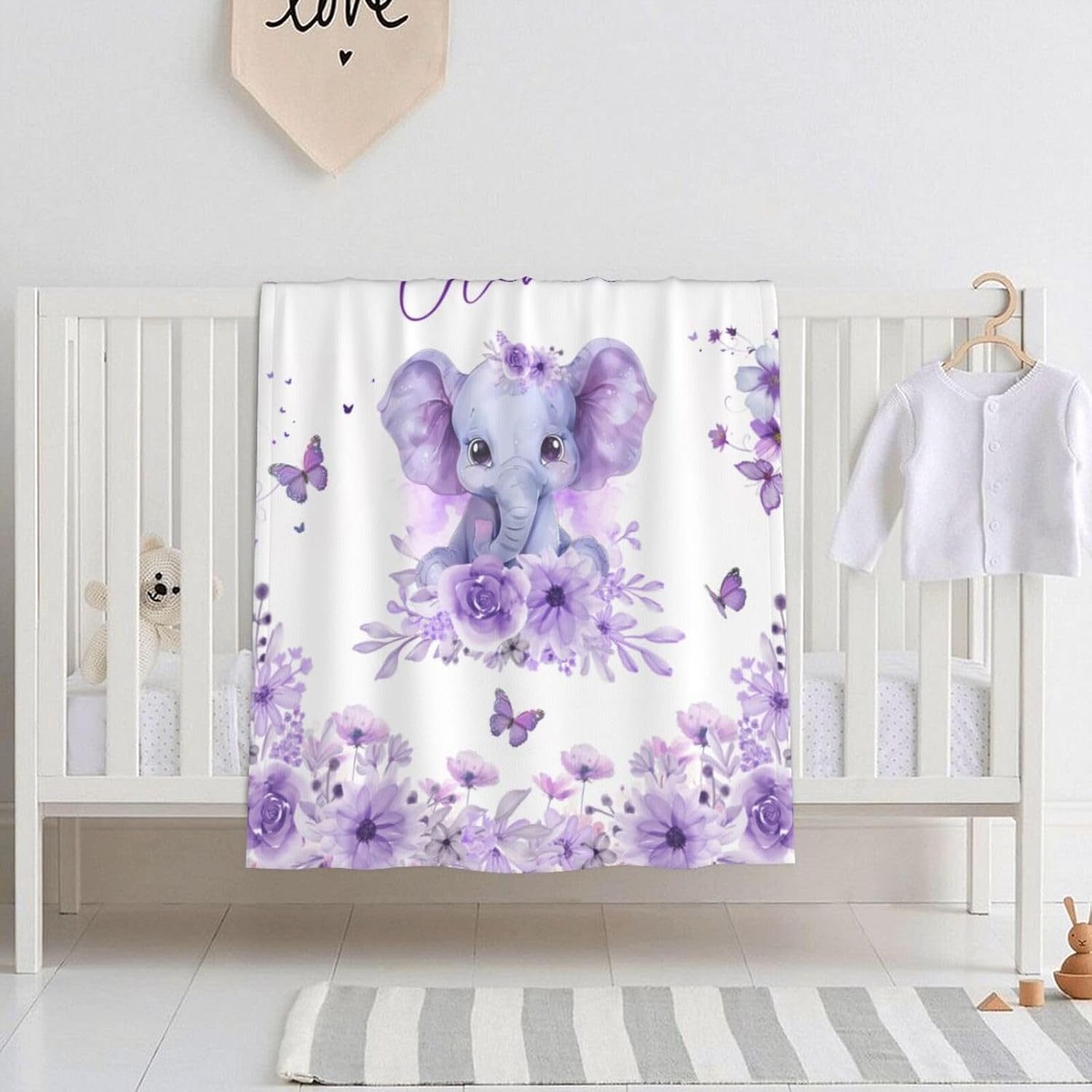 Personalized Baby Blankets for Girls | Custom Baby Blanket with Name for Kids | Purple Elephant