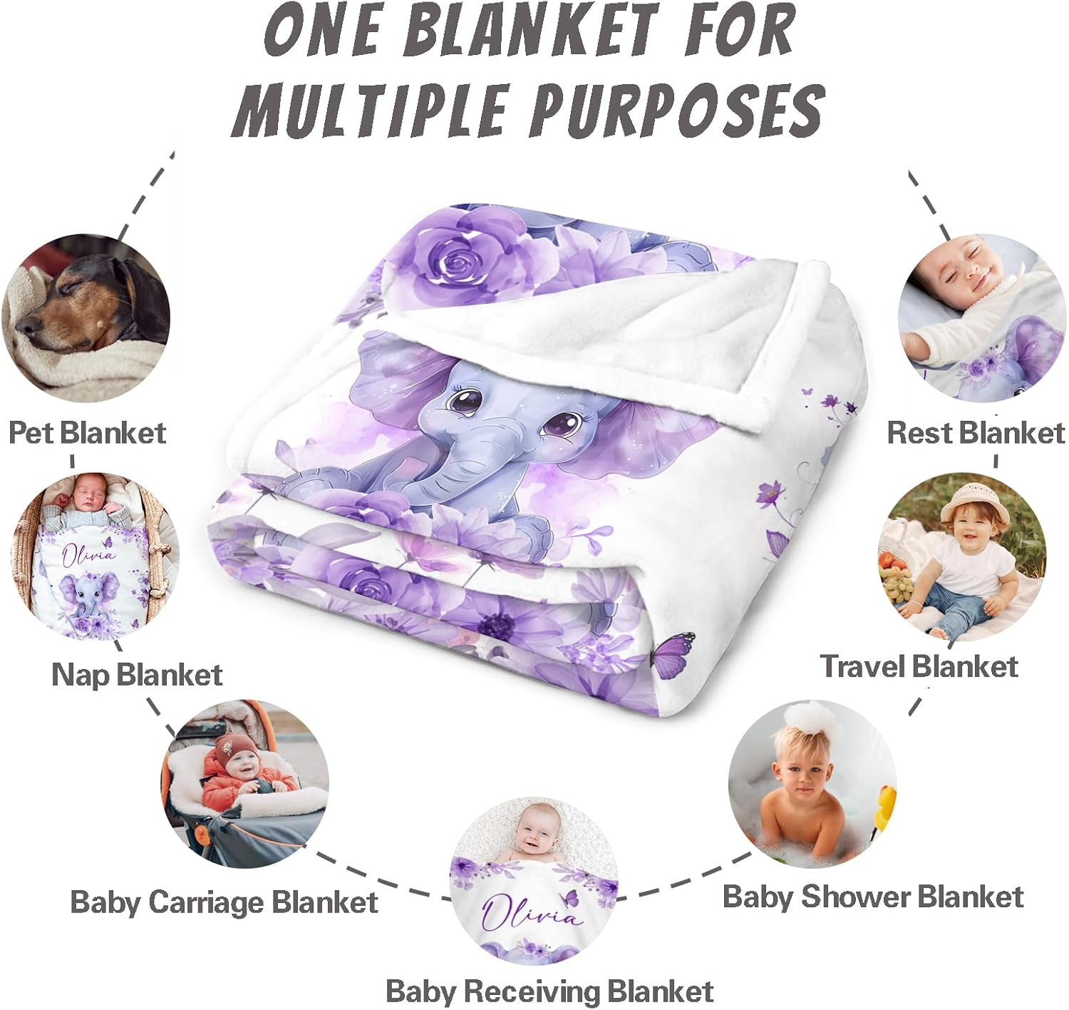 Personalized Baby Blankets for Girls | Custom Baby Blanket with Name for Kids | Purple Elephant