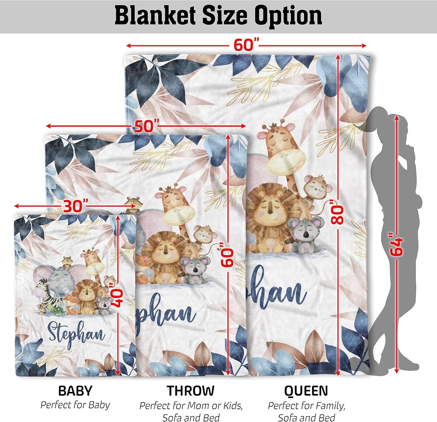 Blanket size options for custom baby boy blanket with jungle theme