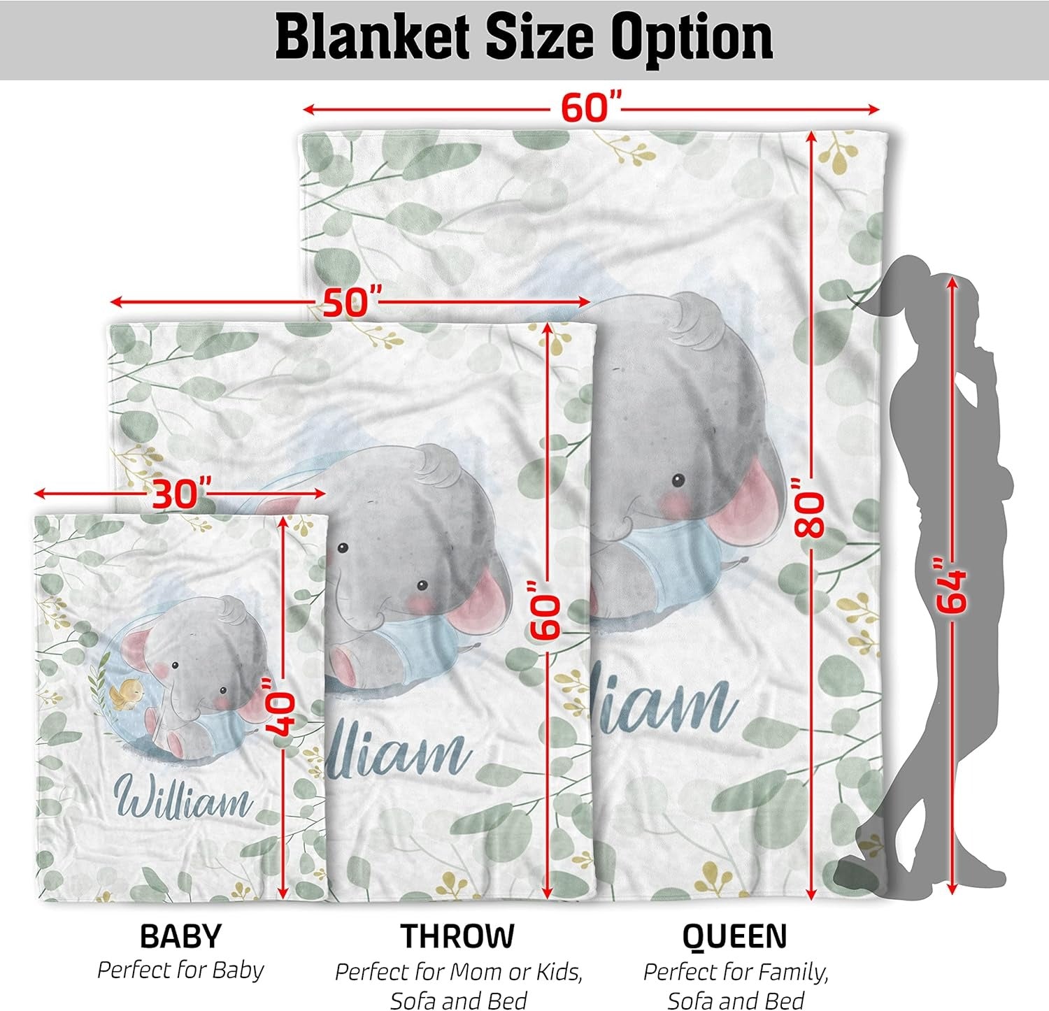 Blanket size options for baby boy – elephant and bird theme