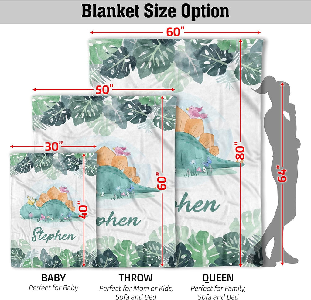 Size guide for custom baby blanket with dinosaur and leaves
