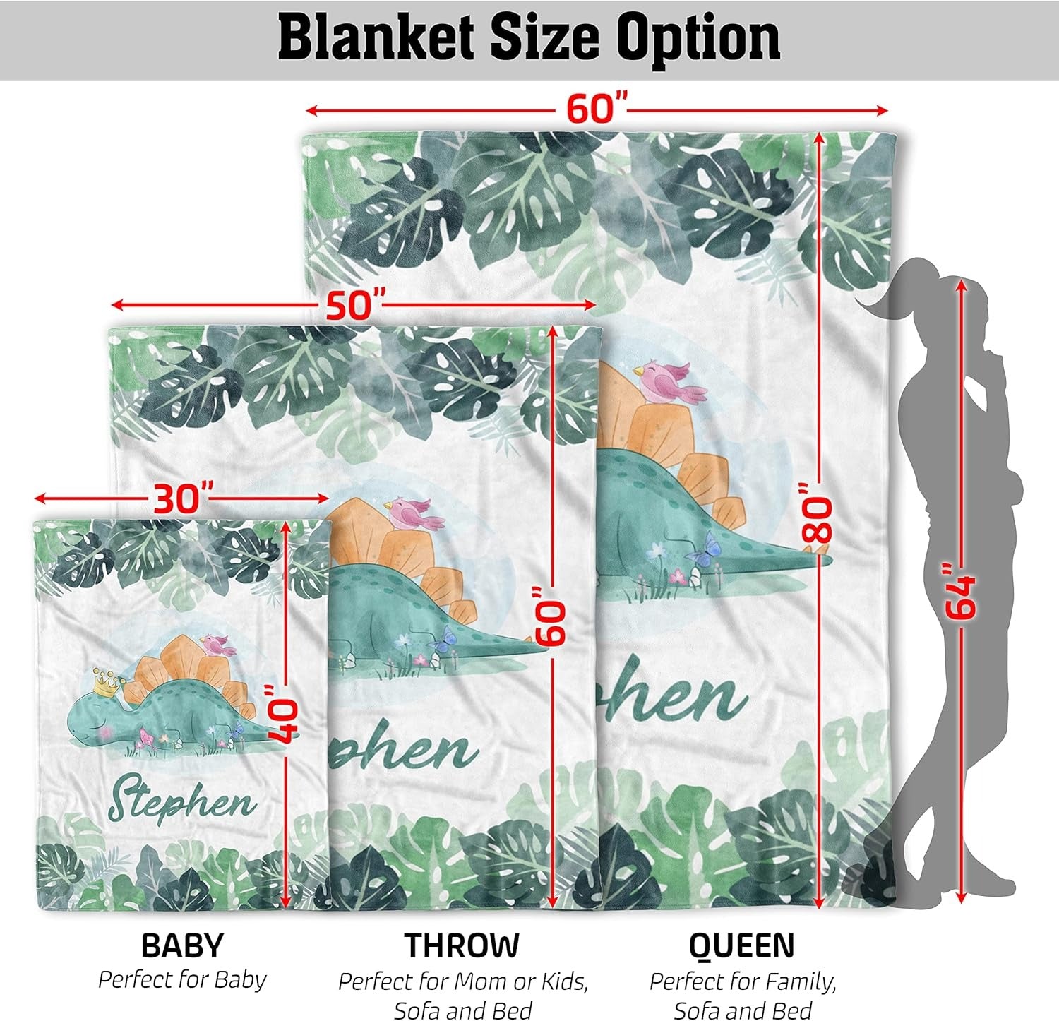 Size guide for custom baby blanket with dinosaur and leaves