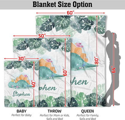 Size guide for custom baby blanket with dinosaur and leaves