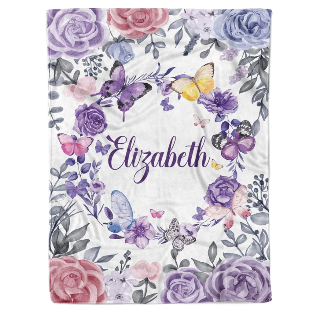 Personalized baby blanket with name Elizabeth, purple butterfly and floral design for baby girl