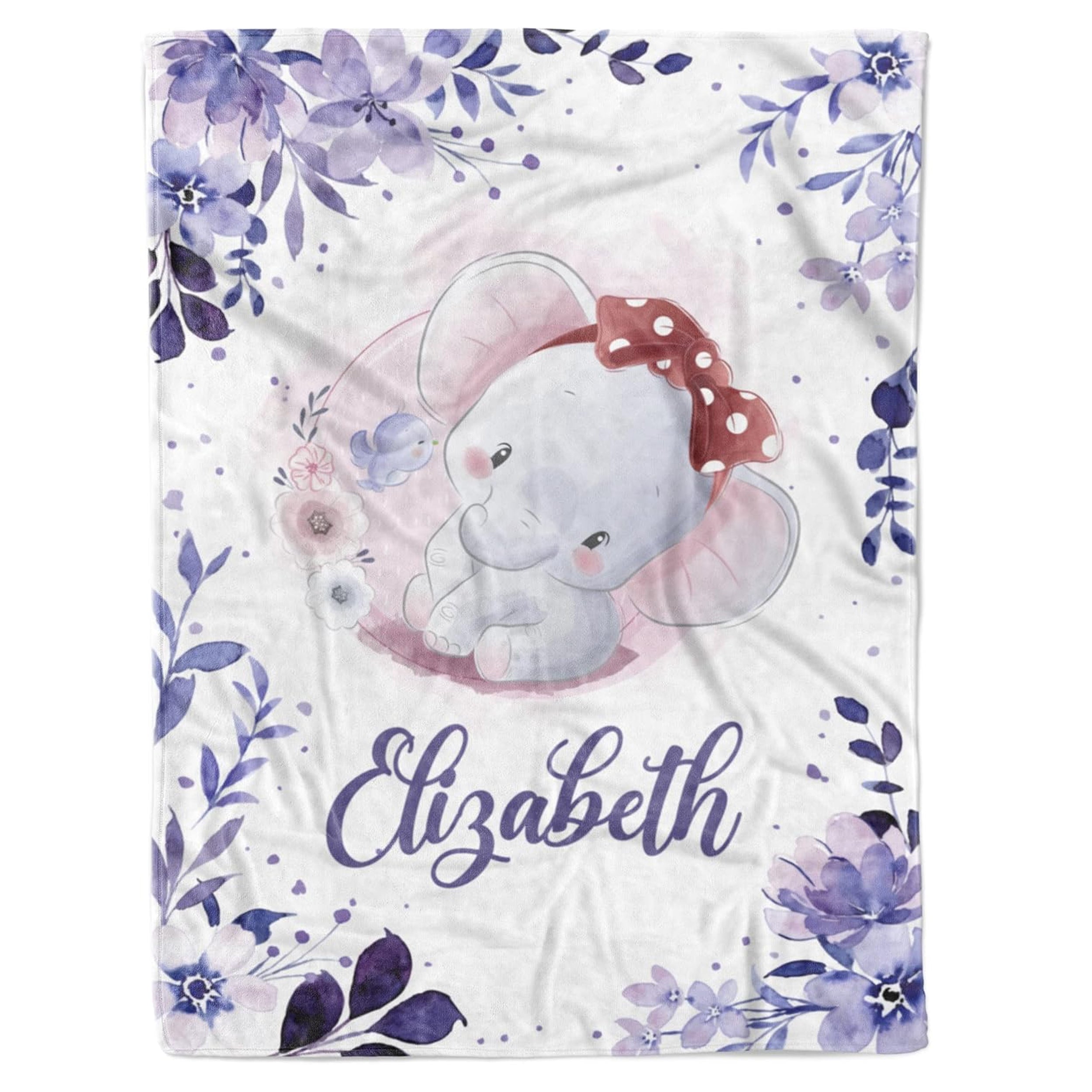 Personalized baby girl blanket with name Elizabeth, cute elephant design and purple floral border