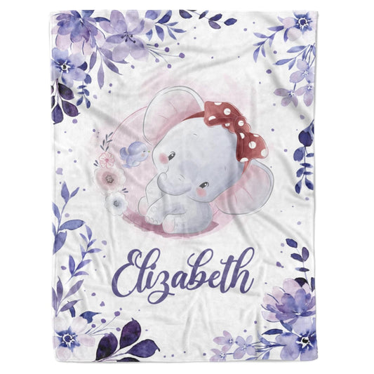 Personalized baby girl blanket with name Elizabeth, cute elephant design and purple floral border