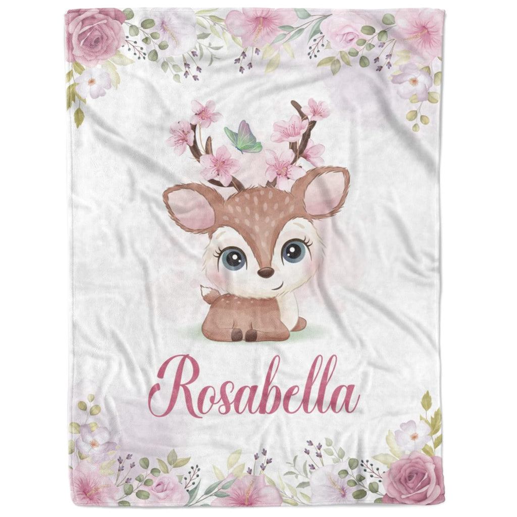 Custom baby blanket with name Rosabella, floral border and cute deer illustration for baby girl