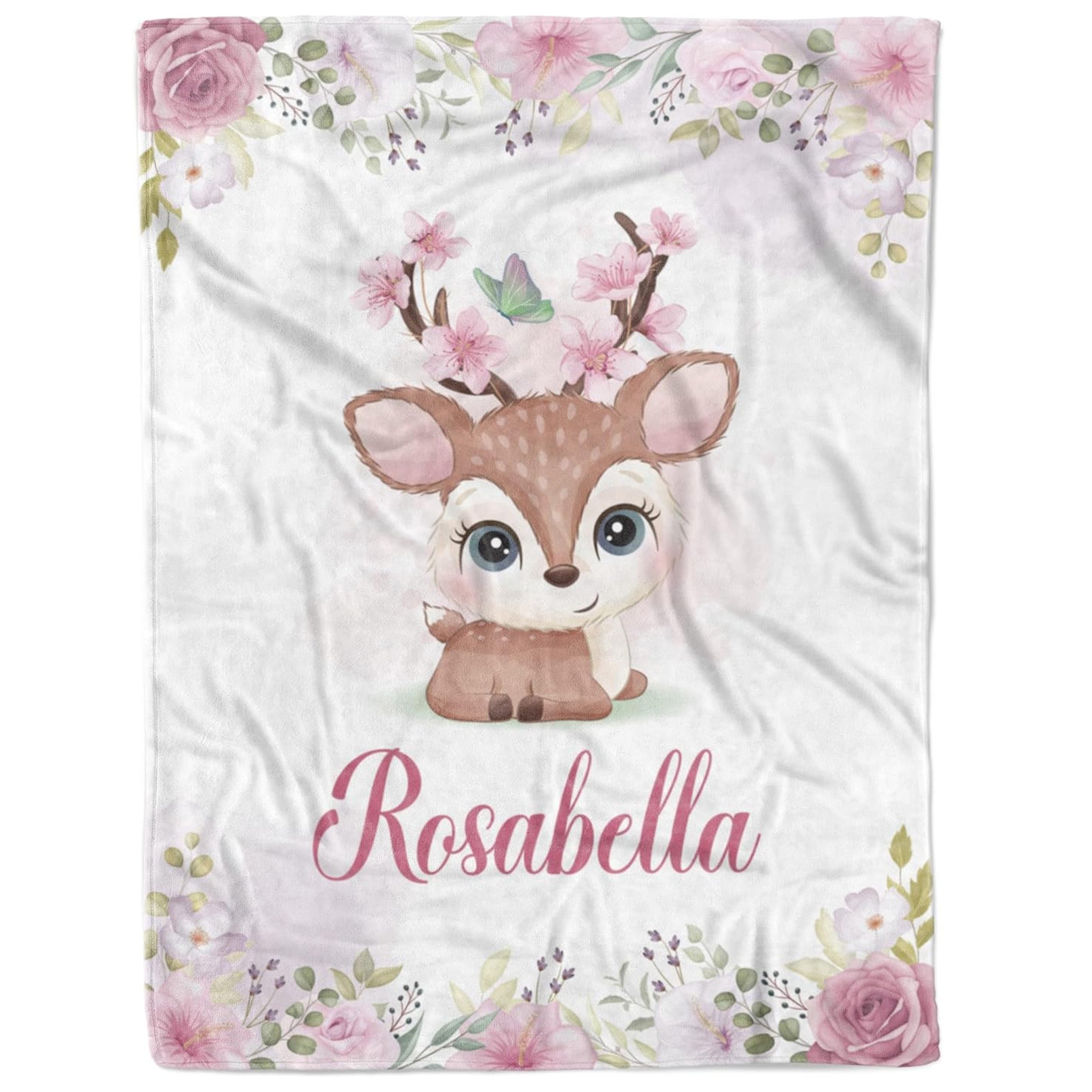 Custom baby blanket with name Rosabella, floral border and cute deer illustration for baby girl