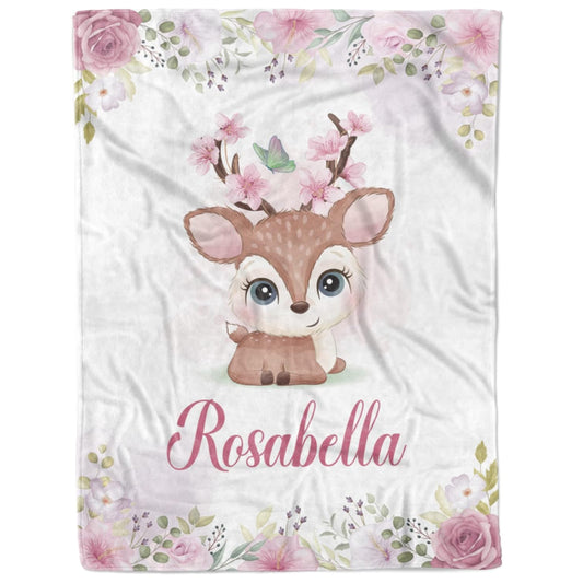 Custom baby blanket with name Rosabella, floral border and cute deer illustration for baby girl
