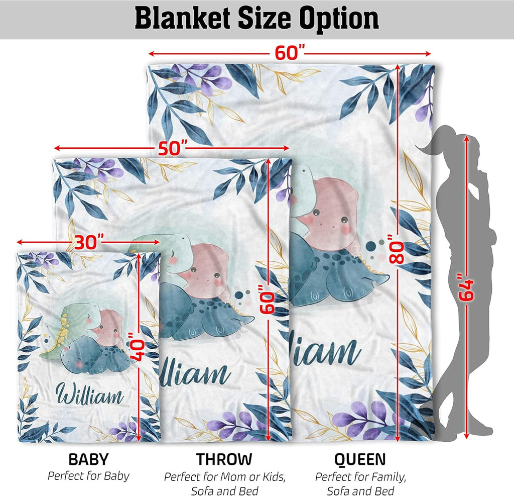 Size options for custom baby boy blanket with dinosaur & leaf design