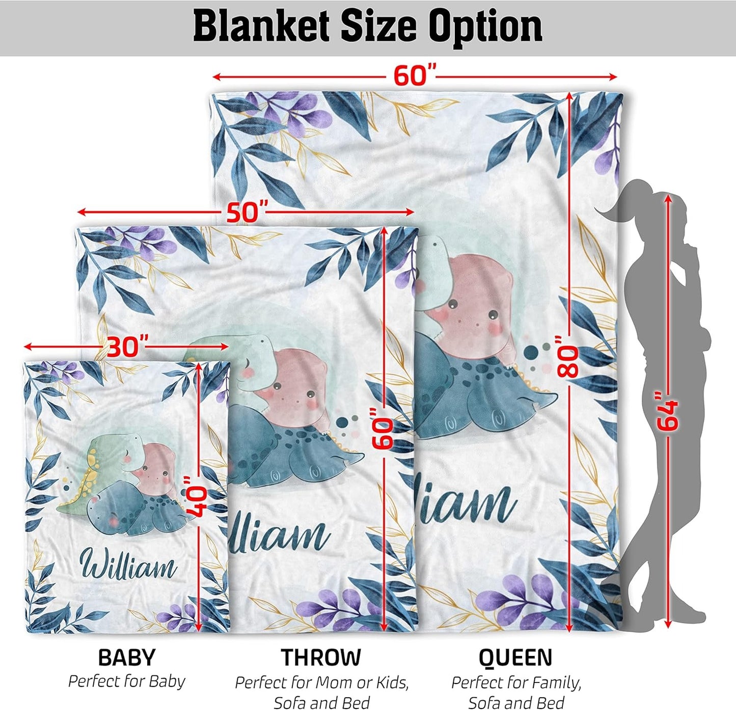 Size options for custom baby boy blanket with dinosaur & leaf design