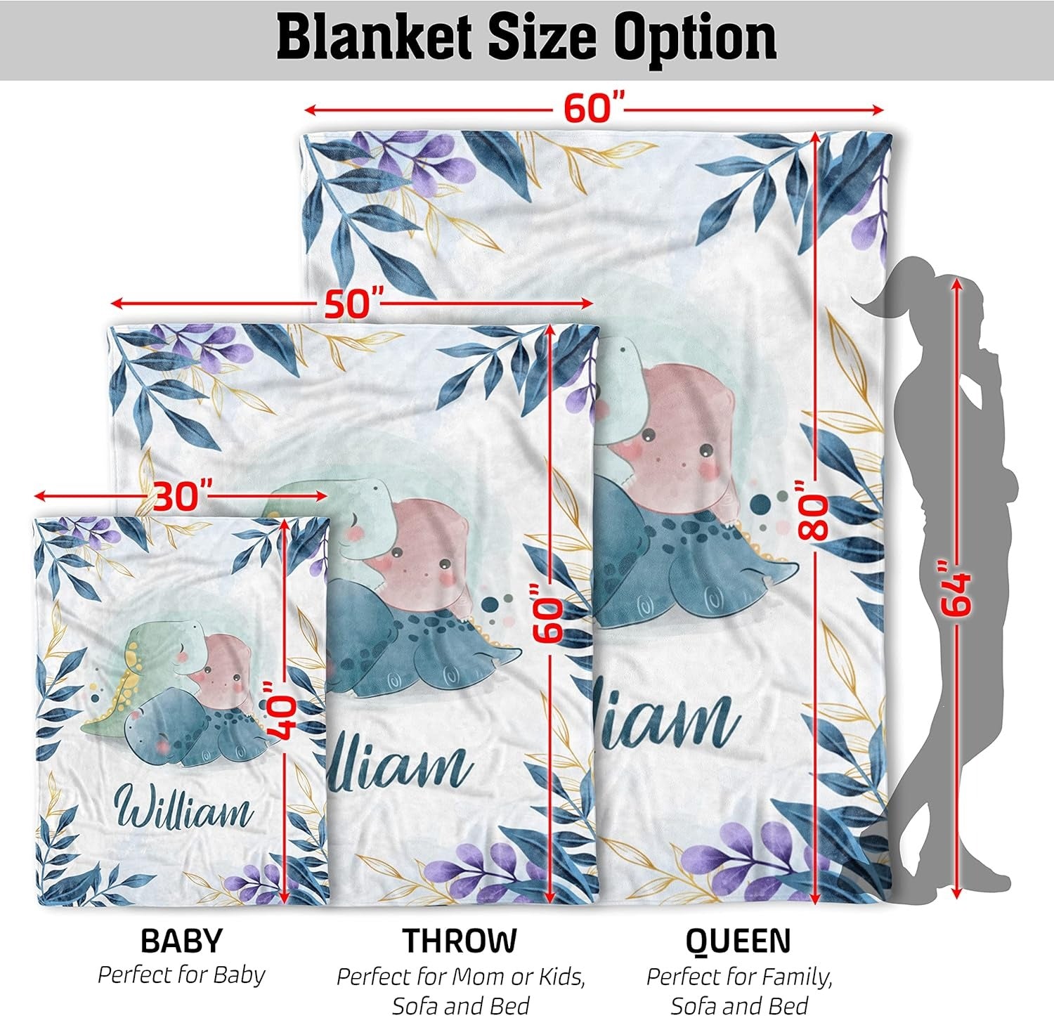 Size options for custom baby boy blanket with dinosaur & leaf design