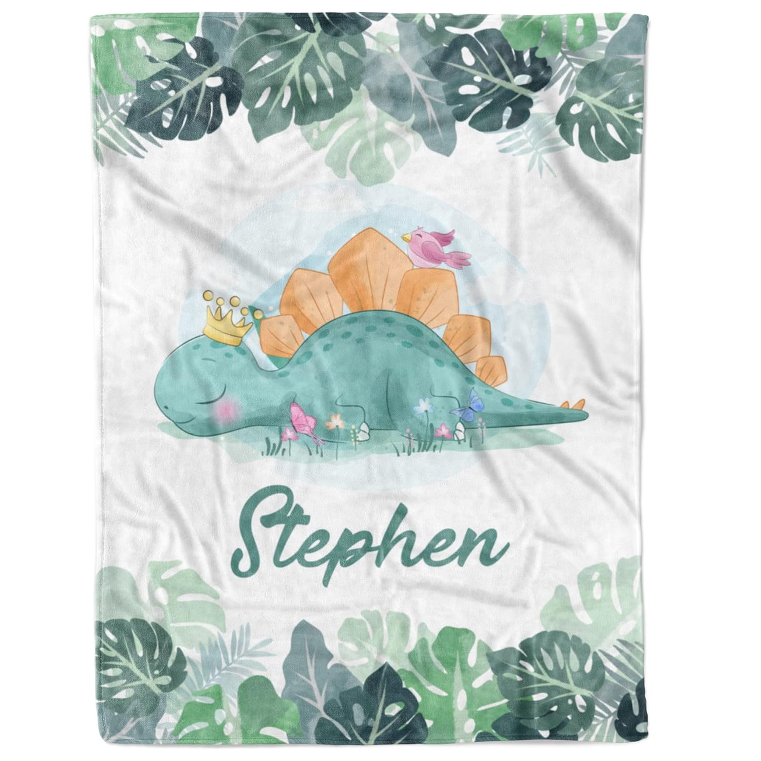 Custom baby blanket with dinosaur wearing crown and name print