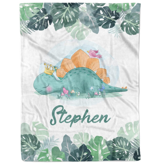 Custom baby blanket with dinosaur wearing crown and name print