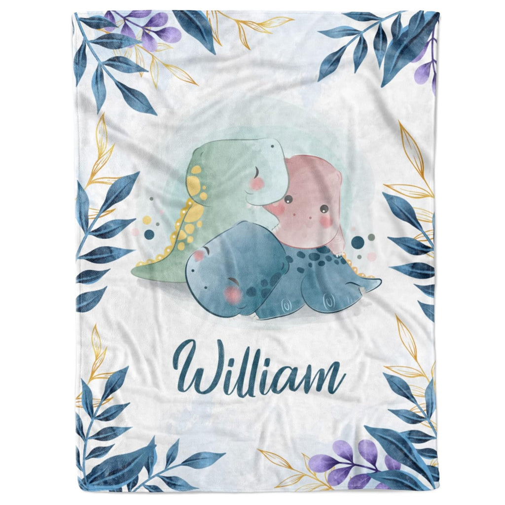 Custom baby boy blanket with name – dinosaur and leaf border design