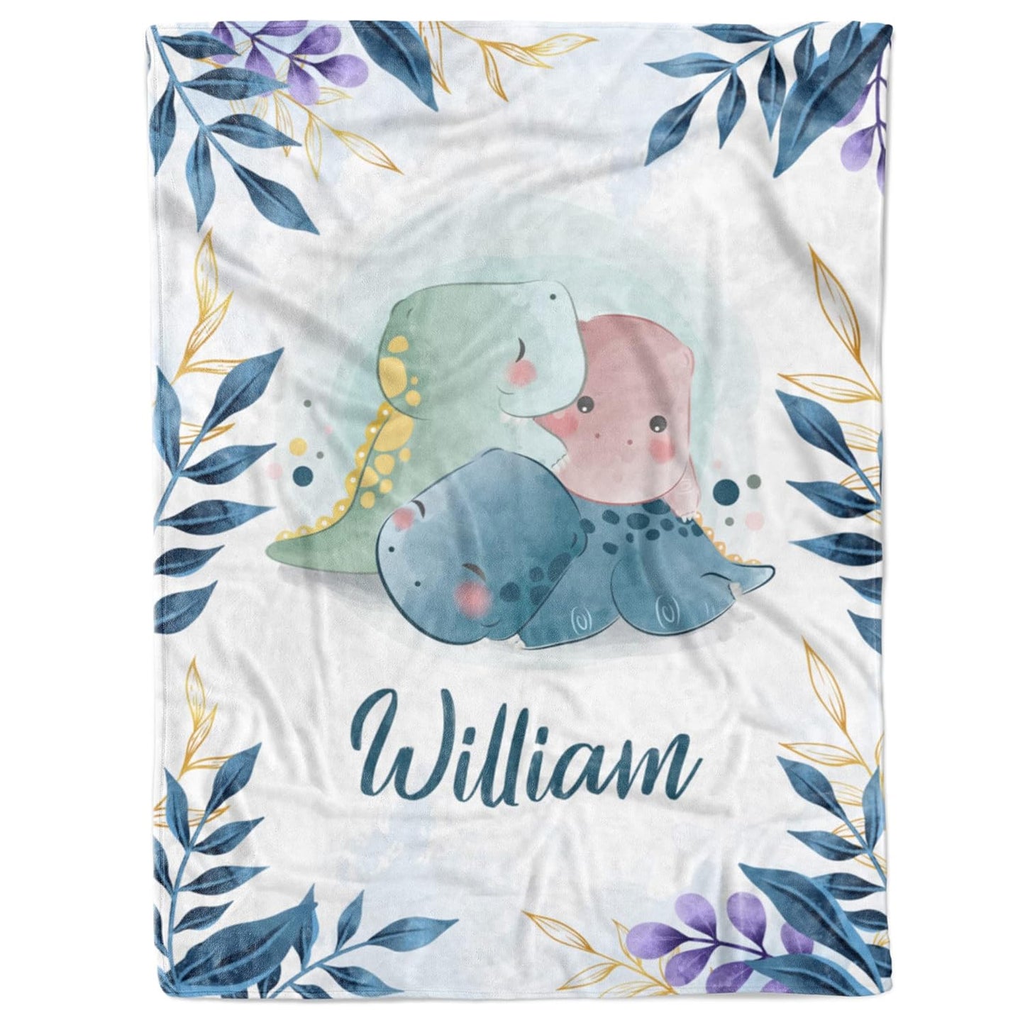 Custom baby boy blanket with name – dinosaur and leaf border design