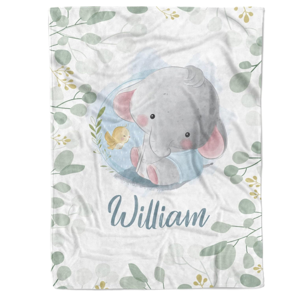 Custom baby boy blanket with name – elephant and bird design