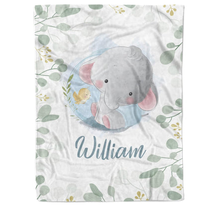 Custom baby boy blanket with name – elephant and bird design