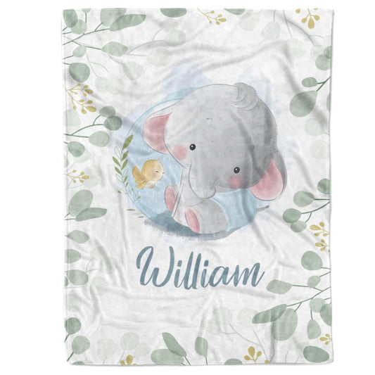 Custom baby boy blanket with name – elephant and bird design