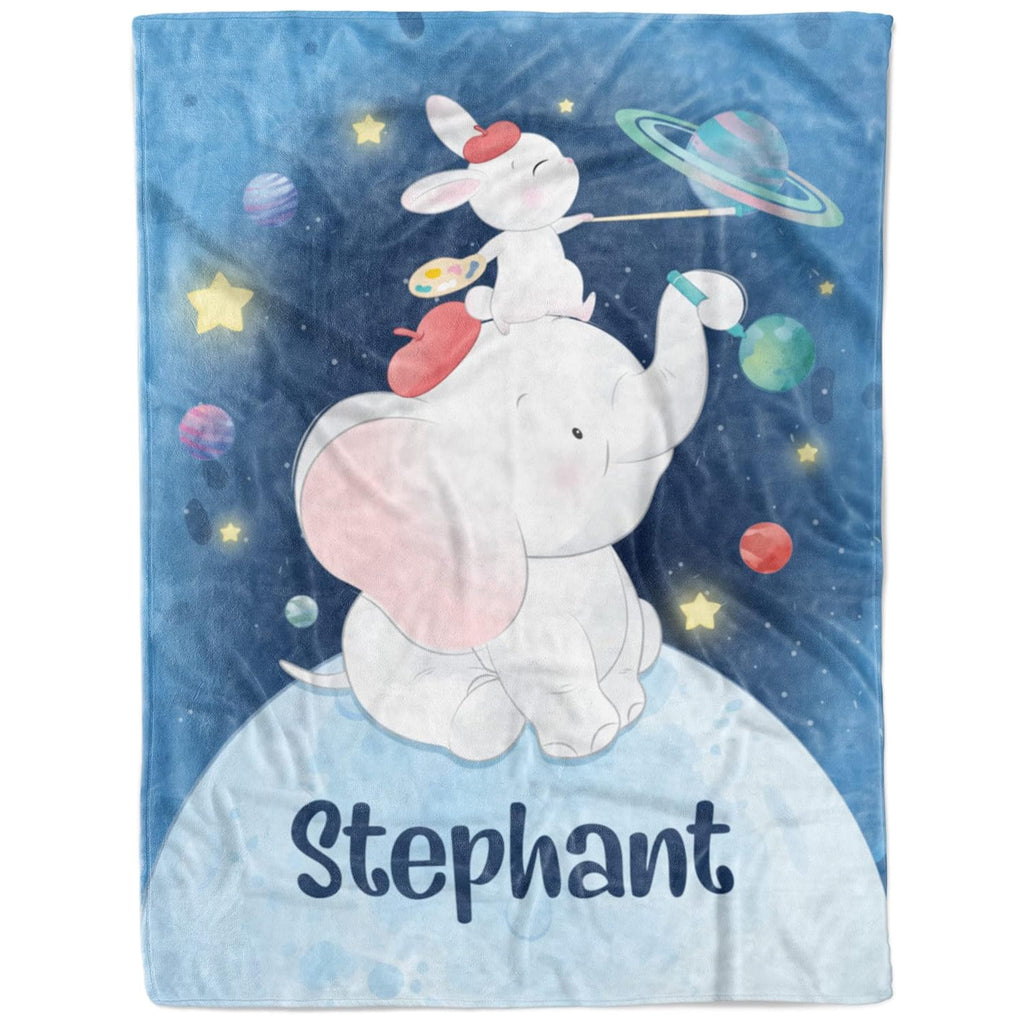 Full view of personalized baby boy blanket with elephant & bunny in space